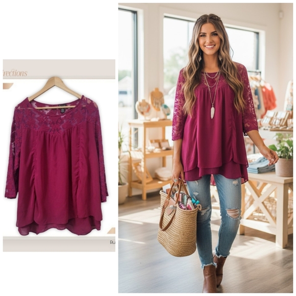 new directions Tops - 🌿New Directions Women's 1X Magenta Lace Bodice & Sleeves Sheer Fully Lined